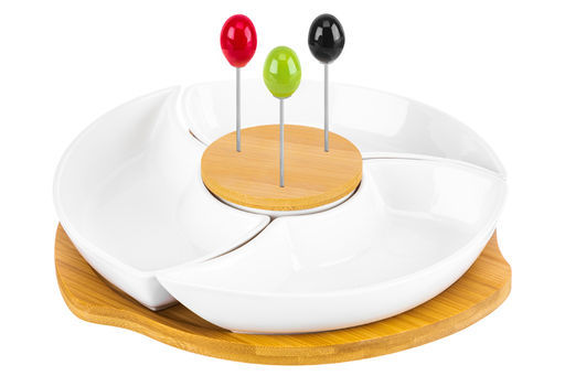 Менажница 25*25*6 см "Айсберг" крутящ. 3 секции + 3 шпажки на дерев. подст. + секц. д/хр. шпажек