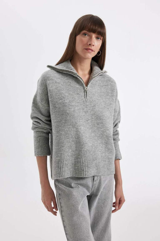 Трикотажный свитер оверсайз с воротником поло и полумолнией - Defacto фото 4