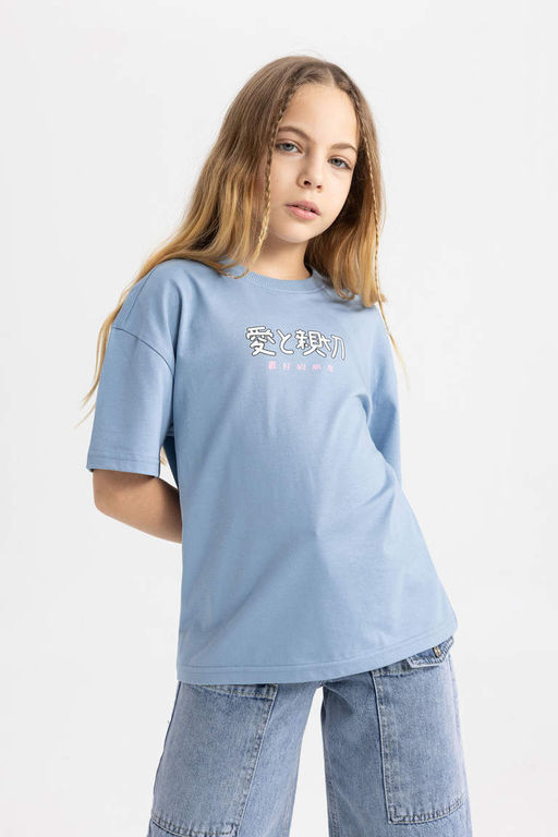 Футболка с короткими рукавами и принтом для девочек Relax Fit - Defacto фото 3