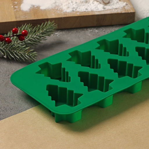 Форма для выпечки новогодняя Доляна Ёлочка, силикон, 32.5?11.5 см, 12 ячеек, зелёная  фото 4