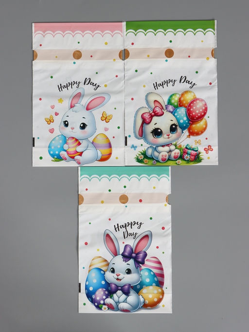 Цена за 50 шт. Пакет  полиэтиленовый подарочный "Заяц с цветами", с завязками, 15х23±1 см