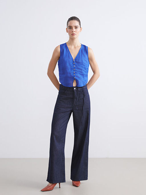 V Yaka Ask?l? %100 Keten Bluz