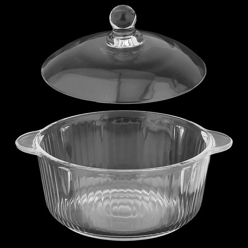 Кастрюля стеклянная "Мия" 0,8мл, д15,2см, h7,2см, основание д11см, общая h12,5см, стеклянная крышка, 2 ручки, в коробке (Китай)