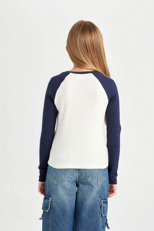 Укороченная футболка с длинными рукавами и круглым вырезом для девочек в рубчик с принтом - Defacto фото 6