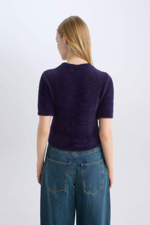 Плюшевый свитер с короткими рукавами и короткими рукавами с круглым вырезом и принтом звезд - Defacto фото 5