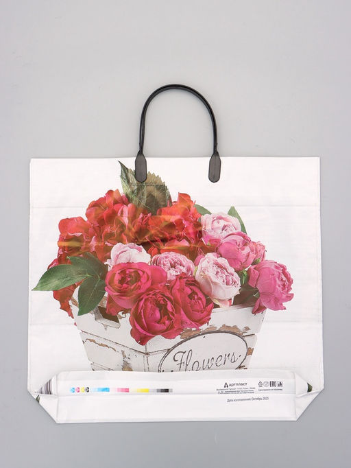 Цена за 10 шт. Пакет "Цветы ассорти", полиэтиленовый с пластиковой ручкой, 38 х 34 + 3 см, 90 мкм