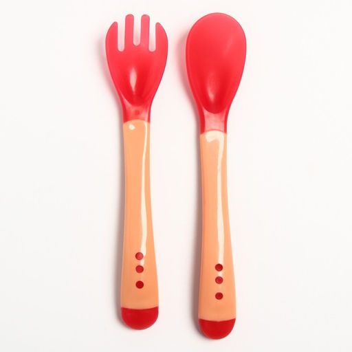 Набор приборов для кормления: термовилка и термоложка, 2 шт., красно-бежевый