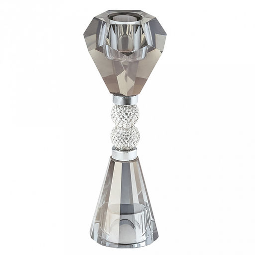 Подсвечник стеклянный "Гроза" h16см, чаша д4см, h2,5см, отвинчивающаяся, основание д5см, двухсторонний, 2 шарма с кристаллами, дымчатый, в коробке (Китай)