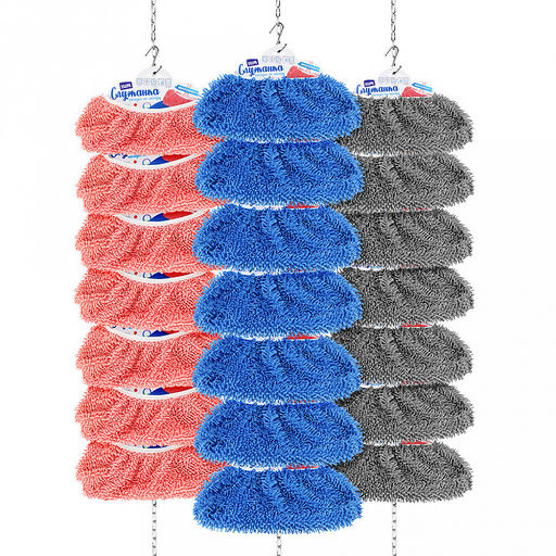 Набор "ХИТ" 21шт: насадка на швабру "Служанка" из 3-х цветов: серый - 7шт, коралловый - 7шт, голубой - 7шт, микрофибра 30х13см, на резинке, подвес-цепочка - 3шт, металл, 1м, Домашняя мода (Россия)