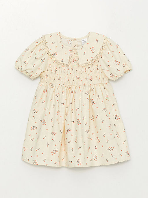Bebe Yaka K?sa Kollu Desenli K?z Bebek Elbise