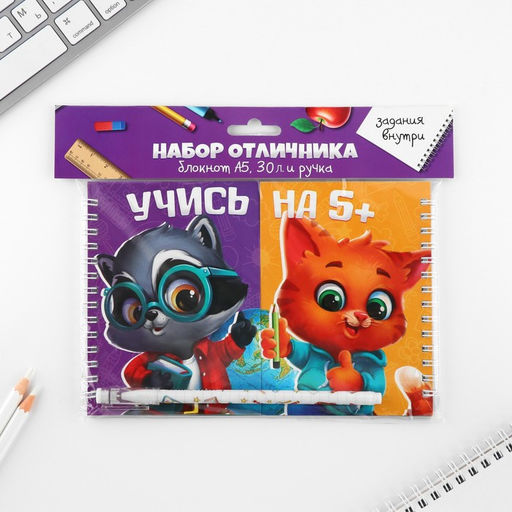 Подарочный набор двойной блокнот с заданиями и ручка "Отличной учебы"