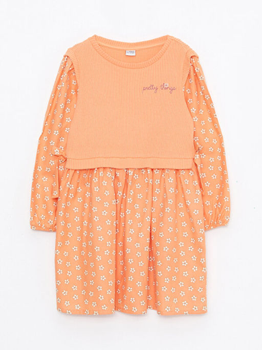 Bisiklet Yaka Bask?l? Uzun Kollu K?z ?ocuk Elbise