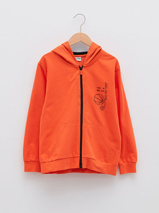 Kap??onlu Bask?l? Uzun Kollu Erkek ?ocuk Fermuarl? Sweatshirt