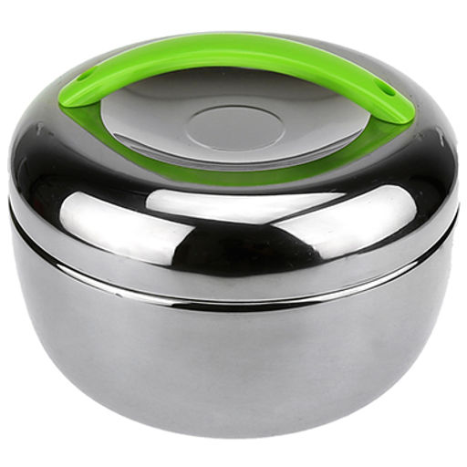 Ланч-бокс из нержавеющей стали 0,8л, д13,5см h9см, 1 вставка: 250мл д12,5см h2,5см, пластмассовая ручка, корпус из нержавеющей стали, цветная коробка (Китай)