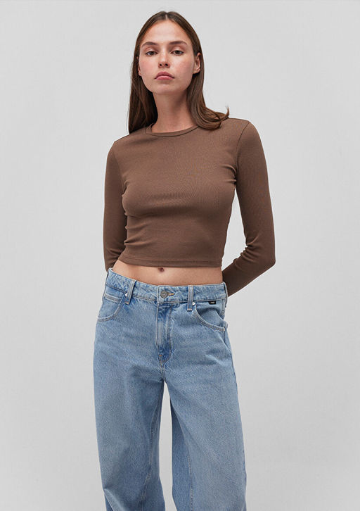 Uzun Kollu Kahverengi Basic Tisort - Mavi фото 2