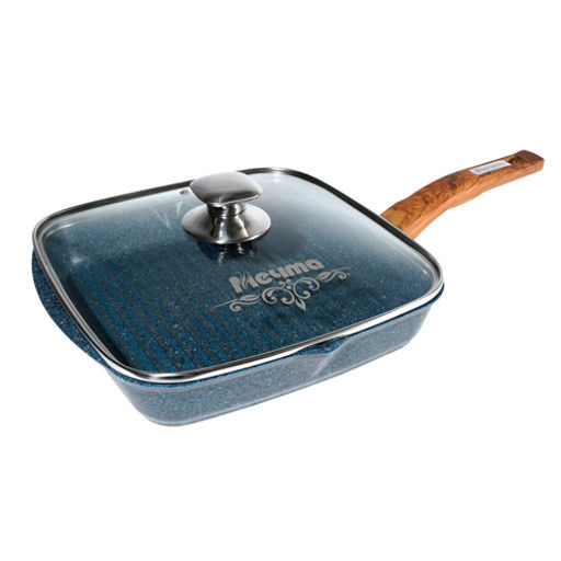 Сковорода-гриль квадр. 28*28 см с несъемной ручкой и стекл. крышкой АП "Premium" (blue) арт. С68903 /МЕЧТА/