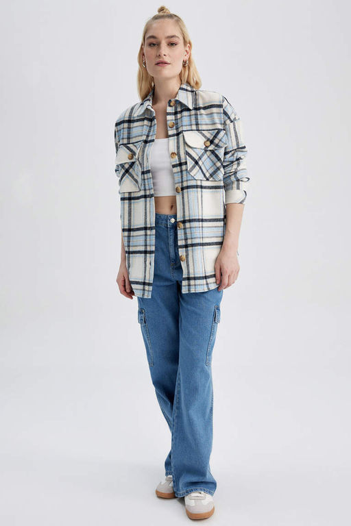 Фланелевая туника с длинными рукавами и воротником-рубашкой оверсайз - Defacto фото 2