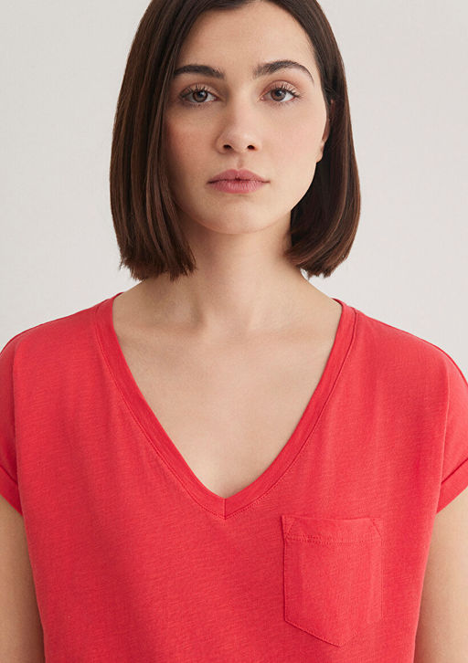 V Yaka K?rm?z? Basic Tisort - Mavi фото 5