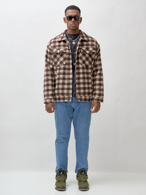 Куртка рубашка шерстяная в клетку мужская демисезонная коричневого цвета 58566K