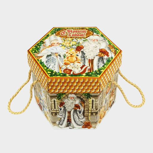Цена за 10 шт. Подарочная коробка новогодняя Шестигранник малый Новогодний шарм с веревочными ручками, 210x210x185 мм. - Simaland фото 3