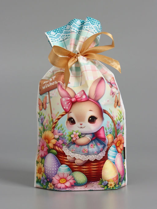 Цена за 50 шт. Пакет  полиэтиленовый подарочный "Заяц с цветами", с завязками, 15х23±1 см