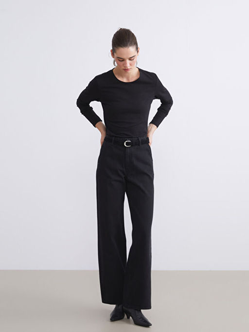Beli Kemerli Wideleg Kad?n Jean Pantolon