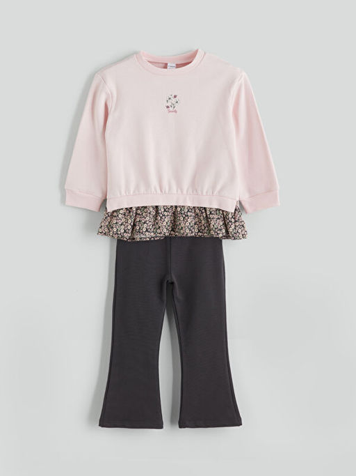 ?i?ek Nak??l? K?z ?ocuk Sweatshirt ve Pantolon 2li