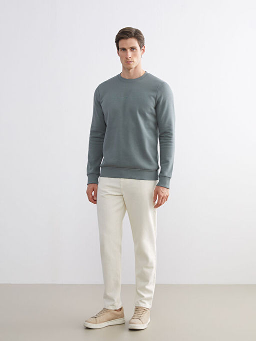 Standart Kal?p Bisiklet Yaka Bask?l? Erkek Kal?n Sweatshirt