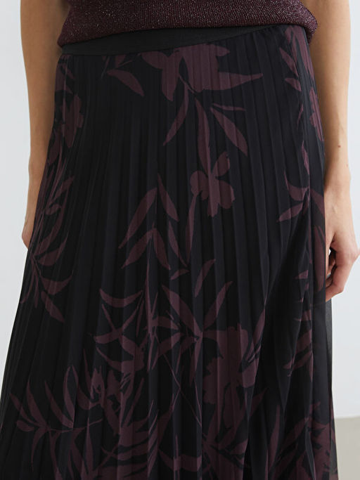 Beli Lastikli ?i?ekli ?ifon Pileli Etek