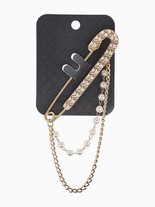 Булавка «Шик цепочки и жемчуга», в стразах, L=7.5 см, белая в золоте