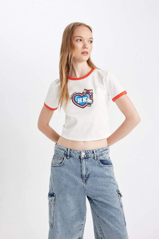 Облегающая футболка Cool Hello Kitty в рубчик с круглым вырезом и короткими рукавами - Defacto фото 8