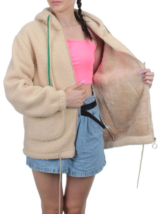 1003 BEIGE Куртка плюшевая демисезонная (65% хлопок, 35% полиэстер) оверсайз 44-54