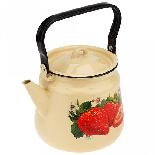 "Клубника садовая" Чайник эмалированный 3,5л, д19см, h18см, металлическая крышка, подвижная металлическая ручка, кремовый (Россия)