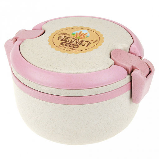 Ланч-бокс для продуктов пластмассовый Эко дом д13,8см h10см, 2 уровня: 0,15л д13,8см h2,1см; 0,6л, д13,7см h6,7см, с ложкой 13см, бежевый, с цветными клипсами и ручками, цвета в ассортименте: фисташковый, розовый (Китай) Пластик с добавлением пшени