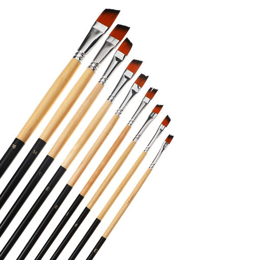 Набор кистей для рисования, нейлон, 9 штук: № 0, 2, 4, 6, 8, 10, 12, 14, 16, плоские, скошенные, с длинными ручками, международный размер