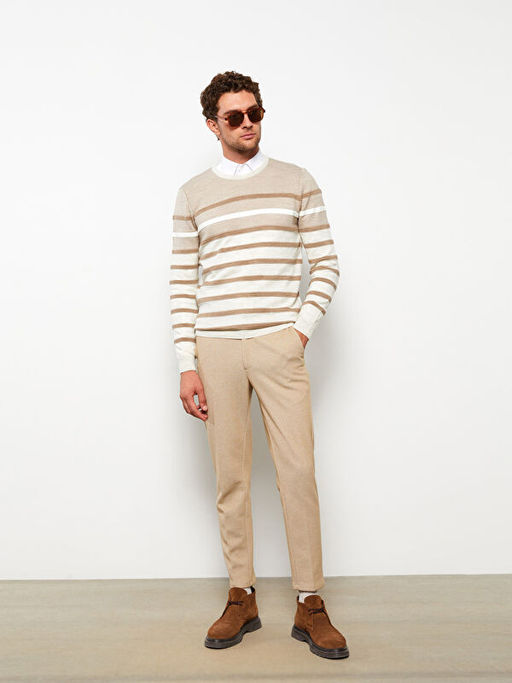 Bisiklet Yaka Uzun Kollu ?izgili Erkek Triko Kazak