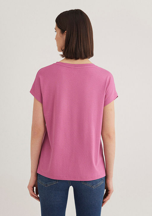 V Yaka Pembe Basic Viskoz Tisort - Mavi фото 5