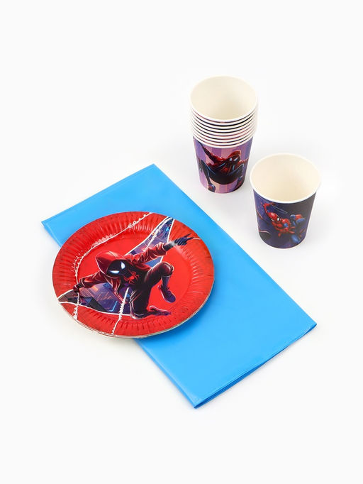 Посуда одноразовая бумажная на 10 персон: стаканы, тарелки, скатерть, Человек Паук