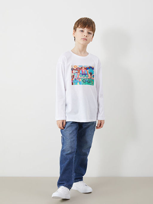 Bisiklet Yaka Bask?l? Unisex ?ocuk Ti??rt