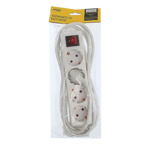 Удлинитель Luazon Lighting, 4 розетки, 3 м, 10 А, 2200 Вт, 3×1.5 мм2, с заземлением, с выключателем, белый