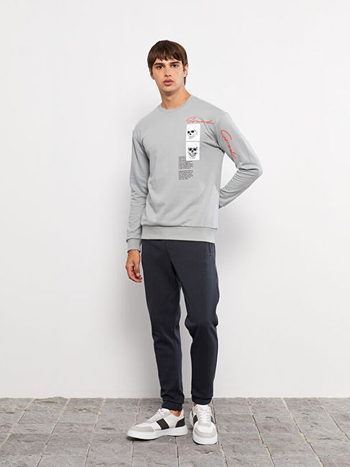 Bisiklet Yaka Uzun Kollu Bask?l? Erkek Sweatshirt