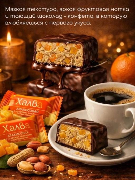 Цена за 12 шт. Батончик (813) Халва АРАХИСОВАЯ (БЛОКАМИ) с цукатами АПЕЛЬСИНА глазир вес 50 г (Мишкино)