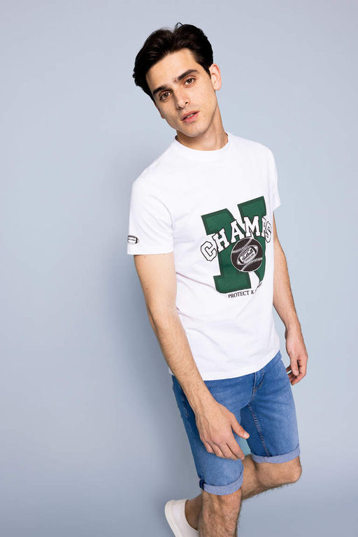 Облегающая футболка с коротким рукавом и круглым вырезом с принтом - Defacto фото 2