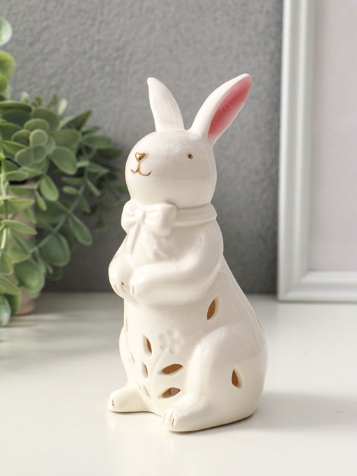 Фигурка светящаяся Зайка с бантом, керамика, белый, 7.5?8?15.5 см