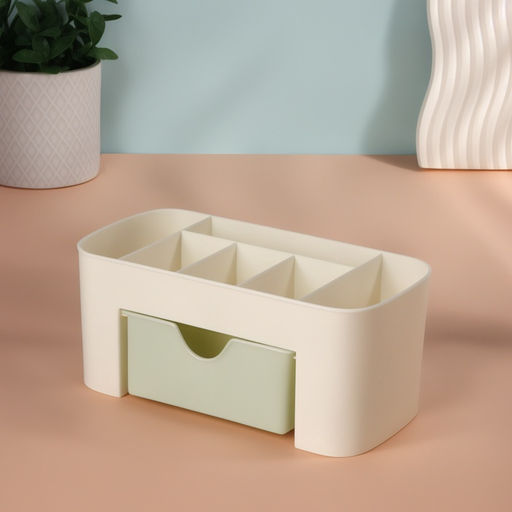 Органайзер для хранения косметики, 6 секций, с ящиком, 21×10.5×9 см, бежевый, зелёный