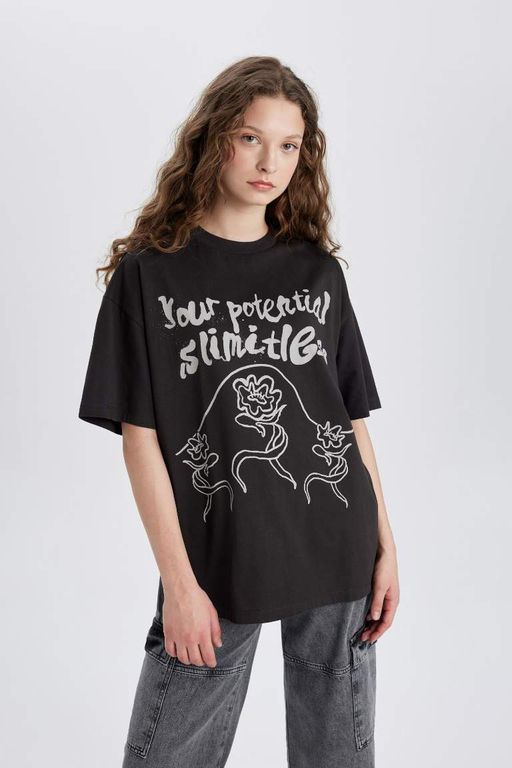 Футболка Oversize с круглым вырезом и короткими рукавами с принтом - Defacto фото 4