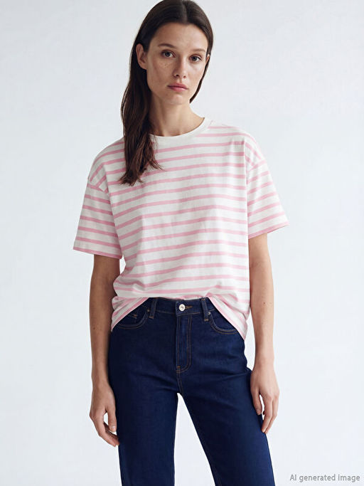 Bisiklet Yaka ?izgili Kad?n Ti??rt