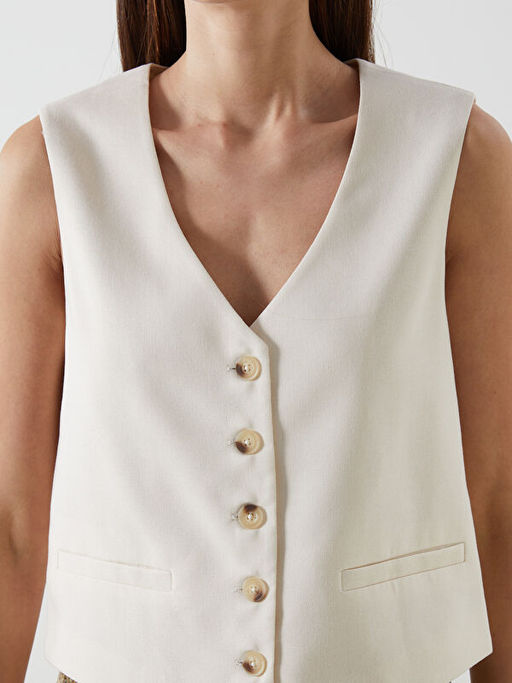 V Yaka Keten Kar???ml? Kad?n Klasik Yelek