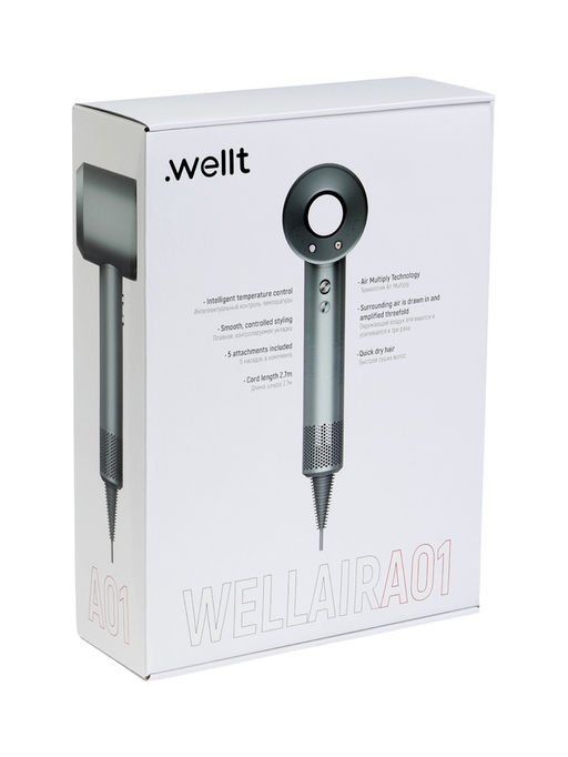 Фен WELLT A01 WELLAIR, 1600 Вт, 5 насадок, 3 скорости, 4 темп. режима, ионизация, серый