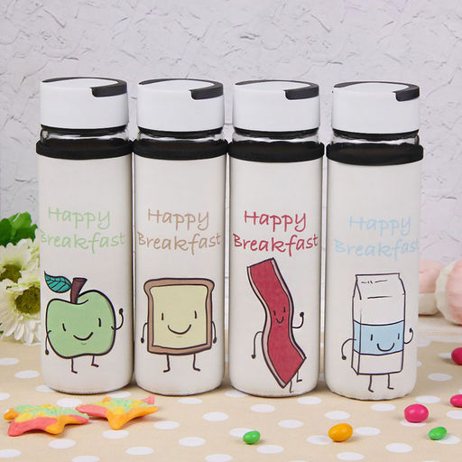 Бутылка для воды «Завтрак», 500 мл, h=23.5 см, с ручкой, в чехле, стекло, рисунок МИКС